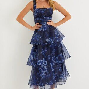 Lulus Dramatic Glamour Navy Blue Floral Organza Tiered Midi Dress - Size XL
